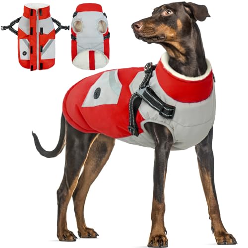 Hundemantel für Kleine Hunde, Hundejacke Große Hunde mit Geschirr Wasserdichter Warmer Hund Wintermantel für Grosse Hunde mit Reflektierender Streifen & D-Ring(Rot, 3XL) von PUMYPOREITY