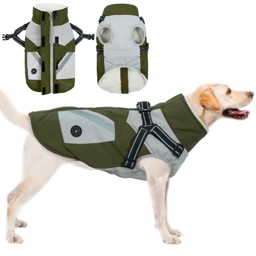 Hundemantel für Mittelgroße Hunde, Winterjacke Mit Geschirr, Wasser- und Winddichte Hundekleidung, Hundeweste (Armeegrün, M) von PUMYPOREITY