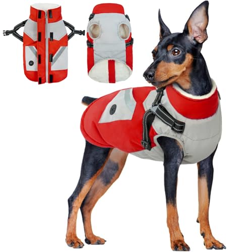 Hundemantel mit Geschirr, Wasserdicht Hundejacken Große Hunde Weste Hundepullover Warm Winddicht Hundejacke Fleece Haustier Bekleidung Reflektierend Winterjacken Regendicht(Rot, XS) von PUMYPOREITY