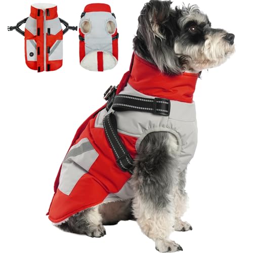 Hunderegenmantel Wasserdicht, Hundejacke Regen Welpen Warme Jacke Weste Reflektierende Hundejacke mit Brustgurt Gurt Fleece Gefüttert Wintermantel mit Fleecekragen Winter Hundekleidung(Rot, XL) von PUMYPOREITY