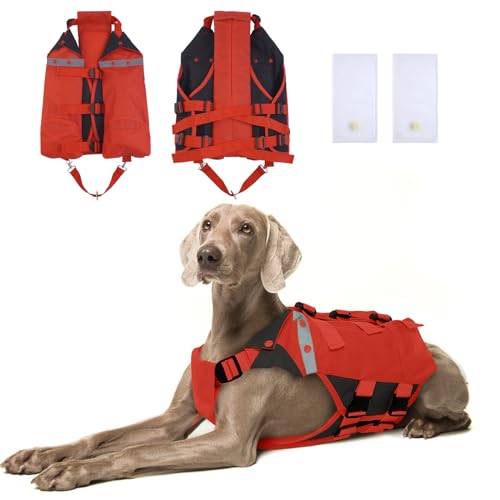 Aufblasbare Hundeschwimmwesten, Sicherheits-Hunde-Schwimmweste Verstellbarer Hunde-Badeanzug Ripstop-Haustier-Rettungsschutz Schwimmkörper für Haustier(Rot, L) von PUMYPOREITY