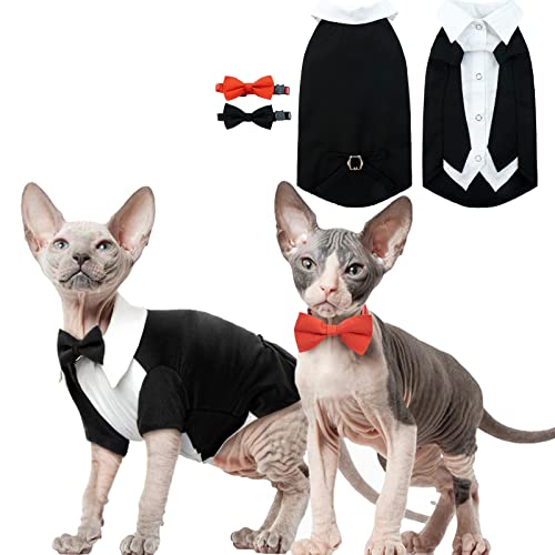 Katzen Hochzeit Anzug, Haarlose Katze Tuxedo Formelle mit 2 Stücke Katzenhalsbänder mit Fliege Shirt Katzen Mantel Hochzeit Kostüme für Kleine Mittlere und Große Katzen(Schwarz, L) von PUMYPOREITY