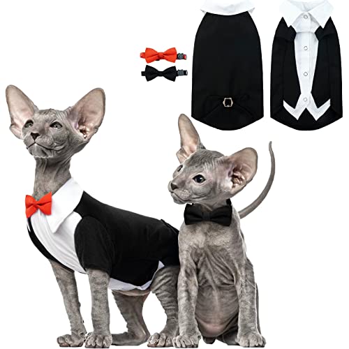 Katzen Hochzeit Anzug, Haarlose Katze Tuxedo Formelle mit 2 Stücke Katzenhalsbänder mit Fliege Shirt Katzen Mantel Hochzeit Kostüme für Kleine Mittlere und Große Katzen(Schwarz, XL) von PUMYPOREITY