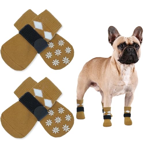 PUMYPOREITY 2 Paar Indoor Anti-Rutsch Socken für Hunde, Hundesocken Anti Rutsch Pfotenschutz Leckschutz Hund Pfote Hundesocken Outdoor(Braun, M) von PUMYPOREITY