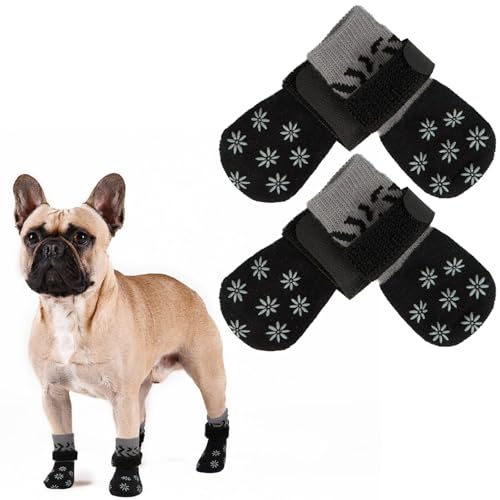 PUMYPOREITY 2 Paar Indoor Anti-Rutsch Socken für Hunde, Hundesocken Anti Rutsch Pfotenschutz Leckschutz Hund Pfote Hundesocken Outdoor Winter Hundeschuhe Pfotenschutz Outdoor(Grau-schwarz, M) von PUMYPOREITY