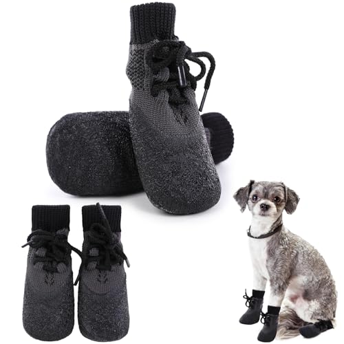 4 Stück Hundeschuhe Pfotenschutz, Wasserdicht Hundestiefel mit rutschfeste Sohle Warme Winter Hunde Schuhe mit Schnürsenkel für drinnen und draußen(Schwarz, S) von PUMYPOREITY