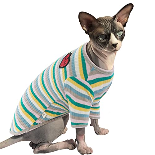 Katze Baumwolle Kleidung, Pullover Warm für Sphynx Haarlose Katze Haustierkleidung Streifen Weste Shirts Kätzchen Weiche Jumper Katzenkostüm Mantel für Katzen/kleine Hunde(Grüne Streifen, M) von PUMYPOREITY