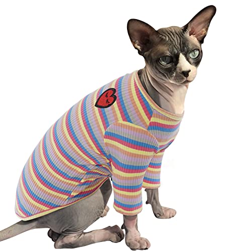 Katze Baumwolle Kleidung, Pullover Warm für Sphynx Haarlose Katze Haustierkleidung Streifen Weste Shirts Kätzchen Weiche Jumper Katzenkostüm Mantel für Katzen/kleine Hunde(Lila Streifen, M) von PUMYPOREITY