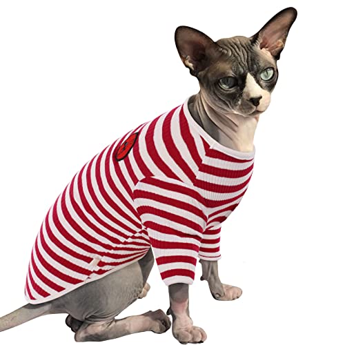 Katze Baumwolle Kleidung, Pullover Warm für Sphynx Haarlose Katze Haustierkleidung Streifen Weste Shirts Kätzchen Weiche Jumper Katzenkostüm Mantel für Katzen/kleine Hunde(Rote Streifen, S) von PUMYPOREITY