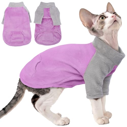 PUMYPOREITY Rollkragenpullover für Sphynx-Katze, weiches Korallen-Fleece-Katzenkleidung, dicker Winter-warmer Outfit-Mantel mit Ärmeln, M, Lila von PUMYPOREITY
