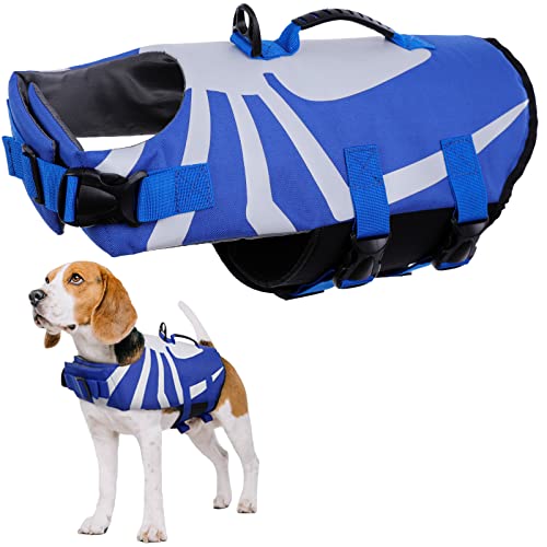 Schwimmwesten für Hunde, Rettungsweste Hunde Schwimmweste Schwimmtraining Hundelebensweste Ripstop Float Coat Dog Life Jacket mit Rettungsgriff für Kleine, Mittlere, Große Hunde(Blau, L) von PUMYPOREITY