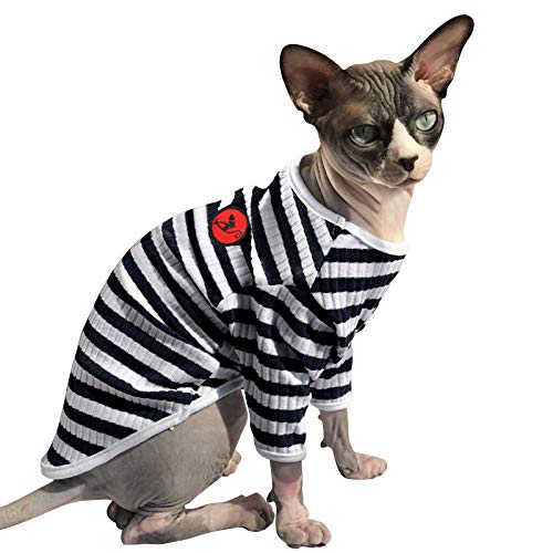 Sphynx Katzenpullover, Baumwolle Kleidung Haarlose Katze Atmungsaktiv T-Shirts Haustierkleidung Weste Kätzchen Shirts Weiche Hautfreundliche Bekleidung Outfit(Blaue Streifen, XL) von PUMYPOREITY