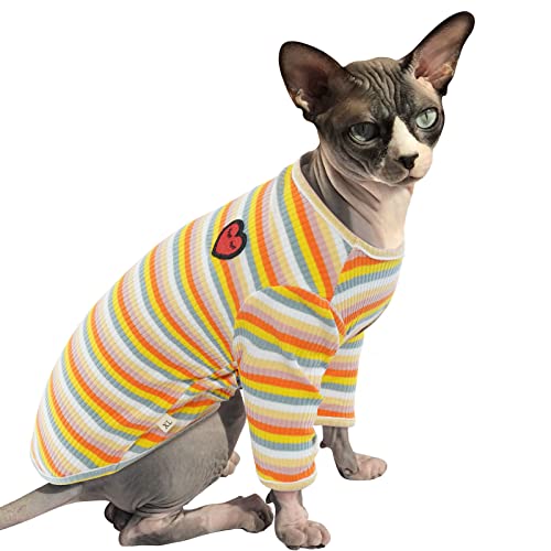 PUMYPOREITY Sphynx Haarlose Katze Baumwolle Kleidung Pullover Niedlich Atmungsaktiv T-Shirts Haustierkleidung Rundkragen Weste Kätzchen Shirts Weiche Hautfreundliche Bekleidung(Gelbe Streifen, L) von PUMYPOREITY