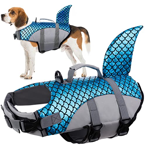 Rettungsweste für Hunde, Hundschwimmweste Verstellbare Sicherheitsjacke für Hundeflotation Hai Sicherheitsweste Lifesaver Schwimmtraining Sommerbadebekleidung für Hunde(Blau, L) von PUMYPOREITY