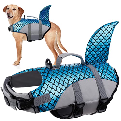 Rettungsweste für Hunde, Hundschwimmweste Verstellbare Sicherheitsjacke für Hundeflotation Hai Sicherheitsweste Lifesaver Schwimmtraining Sommerbadebekleidung für Hunde(Blau, XL) von PUMYPOREITY
