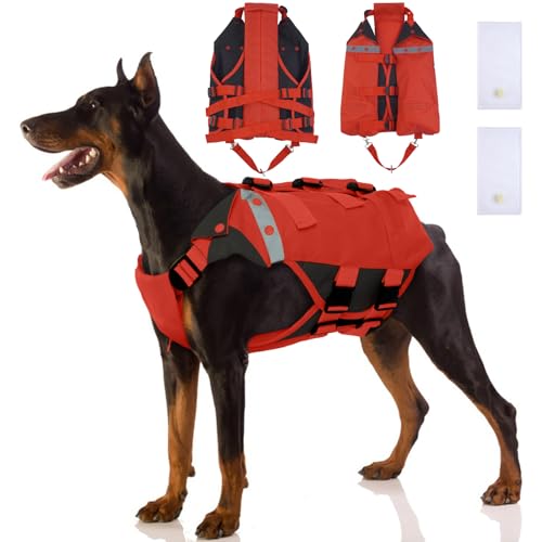 Aufblasbare Schwimmweste für Hunde, Verstellbare Ripstop Rettungsweste für Kleine Mittel Große Hunde zumSchwimmen Bootfahren Kanufahren und Wassersport(Rot, M) von PUMYPOREITY