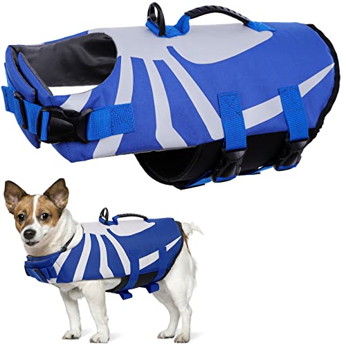 Schwimmwesten für Hunde, Rettungsweste Hunde Schwimmweste Schwimmtraining Hundelebensweste Ripstop Float Coat Dog Life Jacket mit Rettungsgriff für Kleine, Mittlere, Große Hunde(Blau, M) von PUMYPOREITY