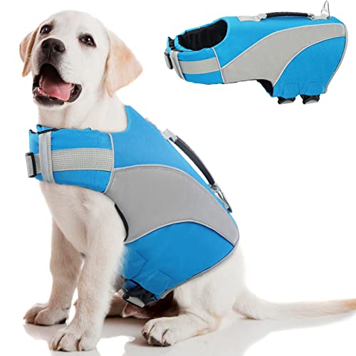 Schwimmwesten für Hunde, Rettungsweste Hunde Schwimmweste Schwimmtraining Hundelebensweste Ripstop Float Coat Dog Life Jacket mit Rettungsgriff & Reflektoren für Kleine Mittlere Große Hunde(Blau, XS) von PUMYPOREITY