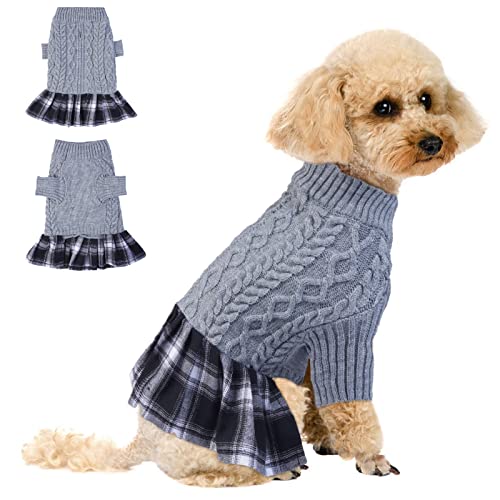 Strickpullover Kleid für Hunde, Klassischer Zopfmuster Hund Pullover Winter Warmer Kleidung Haustiermantel Winter Fleece Hundepullover(Grau, L) von PUMYPOREITY