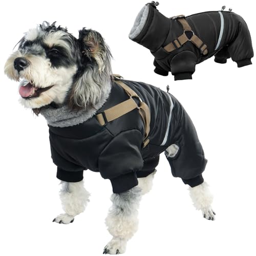 Winterjacke Fleece mit Geschirr, Hundemantel Winter Rollkragen Warm Kleidung Welpen Jacke Weste Welpenmantel Reißverschluss 4-beinige Hundeoverall Winter Mantel Regendicht Winddicht (Schwarz, XL) von PUMYPOREITY