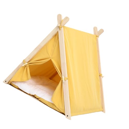 PUNELE Puppy Cat Tent Zelt Haustierhaus für Katzen und Hunde mit Abnehmbarem Waschbarem Designluftkreislauf Holz & Stoffmaterial 62 X 56 X 60,5 cm (Warmgelb) von PUNELE