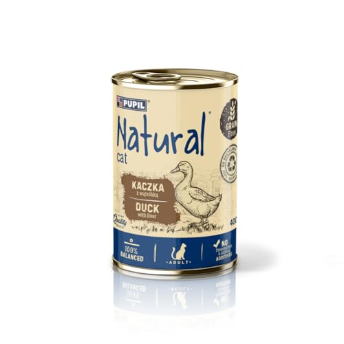 Natural Nassfutter für ausgewachsene Katzen, Getreidefrei, Ente mit Leber, 10 x 400 g von PUPIL Natural