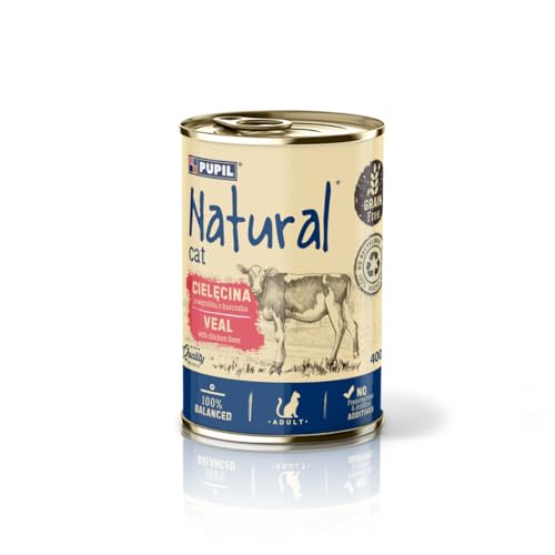 Natural Nassfutter für ausgewachsene Katzen, Getreidefrei, Kalb mit Hühnerleber, 10 x 400 g von PUPIL Natural