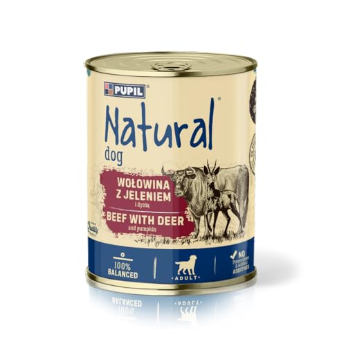 Natural Nassfutter für ausgewachsene Hunde, Getreidefrei, Hundefutter reich an Rindfleisch mit Hirsch, 6 x 800g von PUPIL Natural
