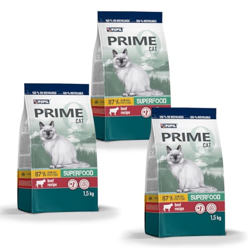 PUPIL PRIME Alleinfuttermittel Trockenfutter für ausgewachsene Katzen mit Rindfleisch und Gemüse Paket 3 x 1,5 kg von PUPIL PRIME