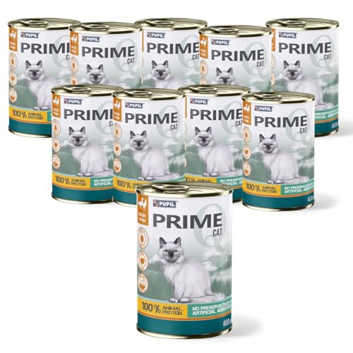 PUPIL PRIME Nassfutter, Alleinfuttermittel für ausgewachsene Katzen mit Hähnchen und Entenfleisch. Paket 10 x 400 g. von PUPIL PRIME