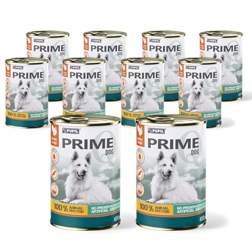 PUPIL PRIME Nassfutter für ausgewachsene Hunde Fleischstücke in Gelee mit Putenfleisch mit Leber Paket 10 x 400 g von PUPIL PRIME