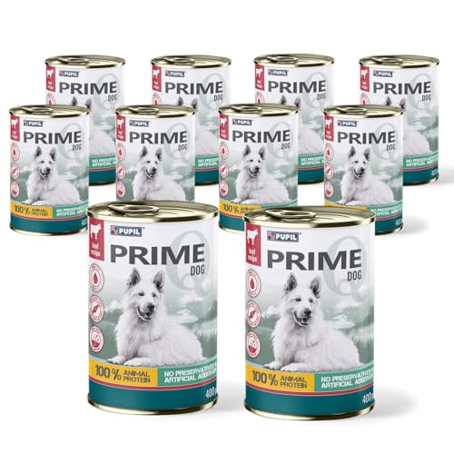PUPIL PRIME Nassfutter für ausgewachsene Hunde Fleischstücke in Gelee mit Rindfleisch Paket 10 x 400 g von PUPIL PRIME