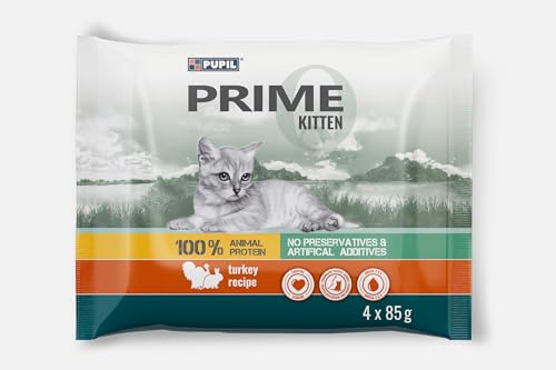 Prime JUNIOR Nassfutter Fleischstücke in Souce für Junge Katzen, Alleinfuttermittel für Kätzchen, trächtige und säugende Katzen mit Truthahn und Kaninchen 9 STK x (4x85g) von PUPIL PRIME