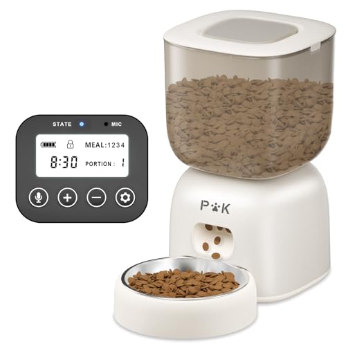 PUPPY KITTY Futterautomat, 3L Automatischer Futterspender, 180 Tage Lange Batterielebensdauer, 10S-Sprachaufforderung und Edelstahlschüssel, bis zu 4 Mahlzeiten pro Tag (Beige) von PUPPY KITTY