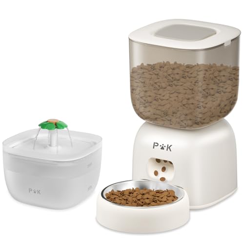 PUPPY KITTY Futterautomat Katze, 180 Tage Lange Batterielebensdauer, Leicht zu reinigen, 10S Sprachaufforderung, 3L Futterspender Katze Gratis 2L Katzenbrunnen (Weiß) von PUPPY KITTY