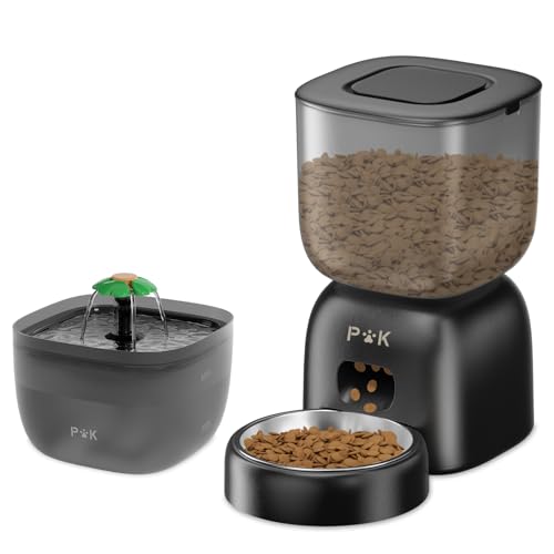 PUPPY KITTY Futterautomat Katze und Katzenbrunnen Combo, 180 Tage Lange Batterielebensdauer, Leicht zu reinigen, 10S Sprachaufforderung, 3L futterspender Katze und 2L Katzenbrunnen von PUPPY KITTY