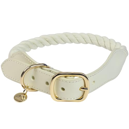 PUPPYSENTIALS Geflochtenes Hundehalsband aus Baumwollseil für mittelgroße Hunde (cremeweiß, 30,5 - 38,1 cm), verstellbares Hundehalsband mit Metallschnalle, Tasche von PUPPYSENTIALS