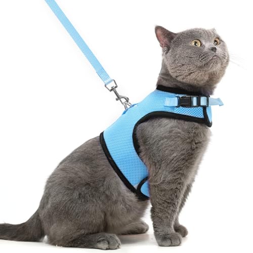 Ausbruchsicheres Katzengeschirr mit Leine, verstellbares, weiches Netzgewebe, ideal zum Spazierengehen, Blau, Größe M von PUPTECK
