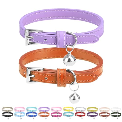 PUPTECK 2 Stück weiches Leder Katzenhalsband mit Glocke for Kätzchen Orange, lila, schwarz, Khaki, blau, Rosenrot 22,1-26 cm von PUPTECK