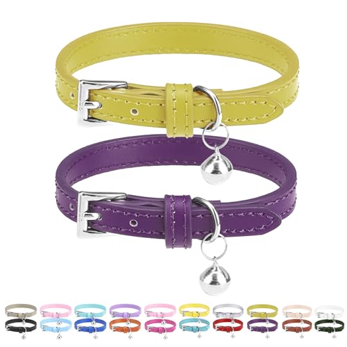 PUPTECK 2 Stück weiches Leder Katzenhalsband mit Glocke for Kätzchen Orange, lila, schwarz, Khaki, blau, Rosenrot 22,1-26 cm (Gelbgrün&dunkelviolett, 22,1-26cm) PUPTECK 2 Stück weiches Leder Katzenhalsband mit Glocke for Kätzchen Orange, lila, schwarz, Khaki, blau, Rosenrot 22,1-26 cm (Gelbgrün&dunkelviolett, 22,1-26cm) von PUPTECK