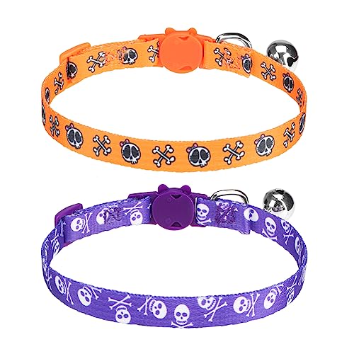 PUPTECK Breakaway Halloween-Katzenhalsband mit Glockenanhänger, 2 Packungen, verstellbare Kätzchen-Halsbänder, lila und orangefarbenes Totenkopf-Muster, Orange-Violett, 19,8–30 cm PUPTECK Breakaway Halloween-Katzenhalsband mit Glockenanhänger, 2 Packungen, verstellbare Kätzchen-Halsbänder, lila und orangefarbenes Totenkopf-Muster, Orange-Violett, 19,8–30 cm von PUPTECK