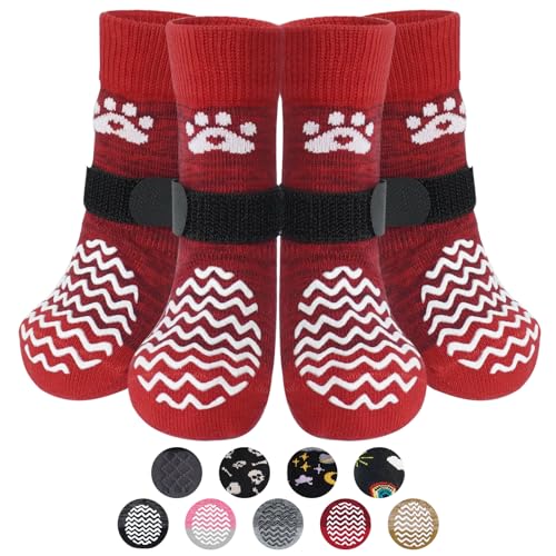 PUPTECK Hundesocken Anti-Rutsch 2 Paar Doppelseitige mit Verstellbaren Riemen für Innenbereich, Weiche Hunden Hundeschuhe Pfotenschutz Outdoor von PUPTECK