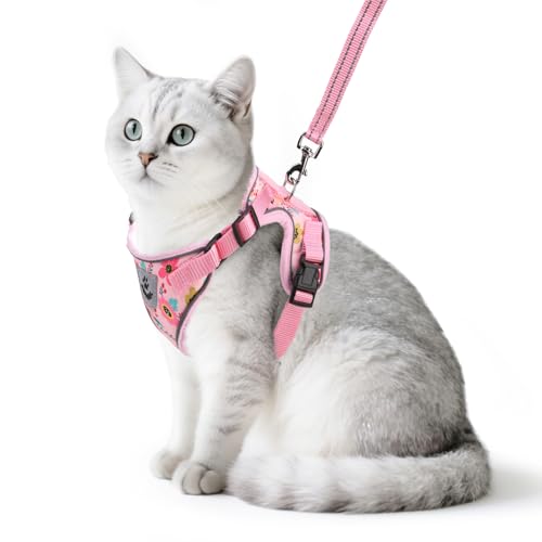 PUPTECK Katzengeschirr und Leine Set Fluchtbeweis Reflektierendes Katzengeschirr Einstellbare weiche atmungsaktive Netzweste f¨¹r kleine Haustiere, Rosa Blumen, S von PUPTECK