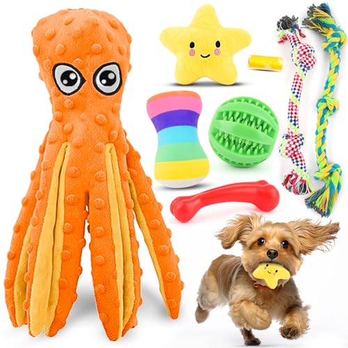 Welpenspielzeug für kleine Hunde, luxuriöses Kauspielzeug für Hunde mit quietschenden Plüschtieren, Seilspielzeug und Ball, Beißspielzeug für Welpen, Orange, 8 Stück von PUPTILY