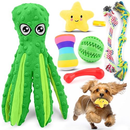 Welpenspielzeug für kleine Hunde, luxuriöses Kauspielzeug für Hunde mit quietschenden Plüschtieren, Seilspielzeug und Ball, Beißspielzeug für Welpen (grün), 8 Stück von PUPTILY
