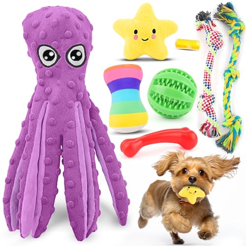 Welpenspielzeug für kleine Hunde, luxuriöses Kauspielzeug für Hunde mit quietschenden Plüschtieren, Seilspielzeug und Ball, Zahnenspielzeug für Welpen (lila) von PUPTILY