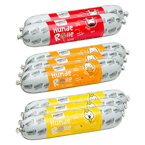 PURBELLO Hunde-Rolle Nassfutter Mix-Paket II - 3 x Huhn, 3 x Ente, 2 x Rind - Monoprotein Hundefutter mit hohem Fleischanteil - Hundewurst schnittfest und getreidefrei (8 x 400g) von PURBELLO