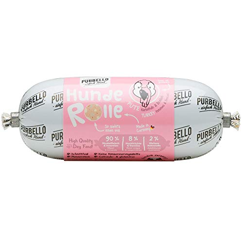 PURBELLO Hunde-Rolle Pute mit Brokkoli & Kartoffeln - Monoprotein Hundefutter mit hohem Fleischanteil - Nassfutter für Hunde - Hundewurst schnittfest & getreidefrei - 8 x 200 g von PURBELLO