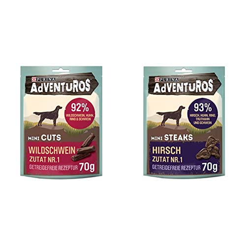 PURINA AdVENTuROS Mini Cuts Hundeleckerli getreidefrei, Hundesnack reich an Wildschwein, 7er Pack (7 x 70g) & Mini Steaks Hundeleckerli getreidefrei, Hundesnack reich an Hirsch, 7er Pack (7 x 70g) von Purina Cat Chow