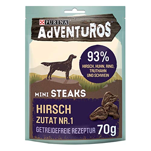 PURINA Adventuros Hundeleckerlis Mini Steaks mit Hirsch Beutel, 7er Pack (7 x 70 g) von Purina Cat Chow